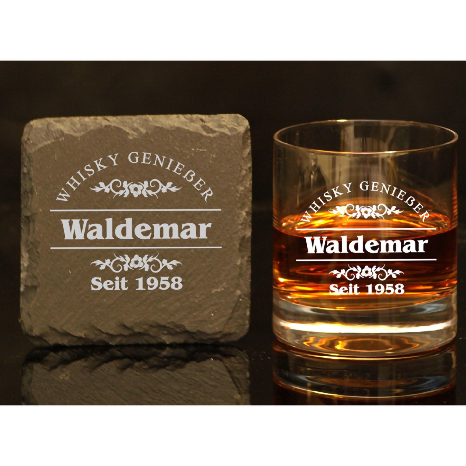 Whiskyglas und Schieferuntersetzer mit Gravurvorschau