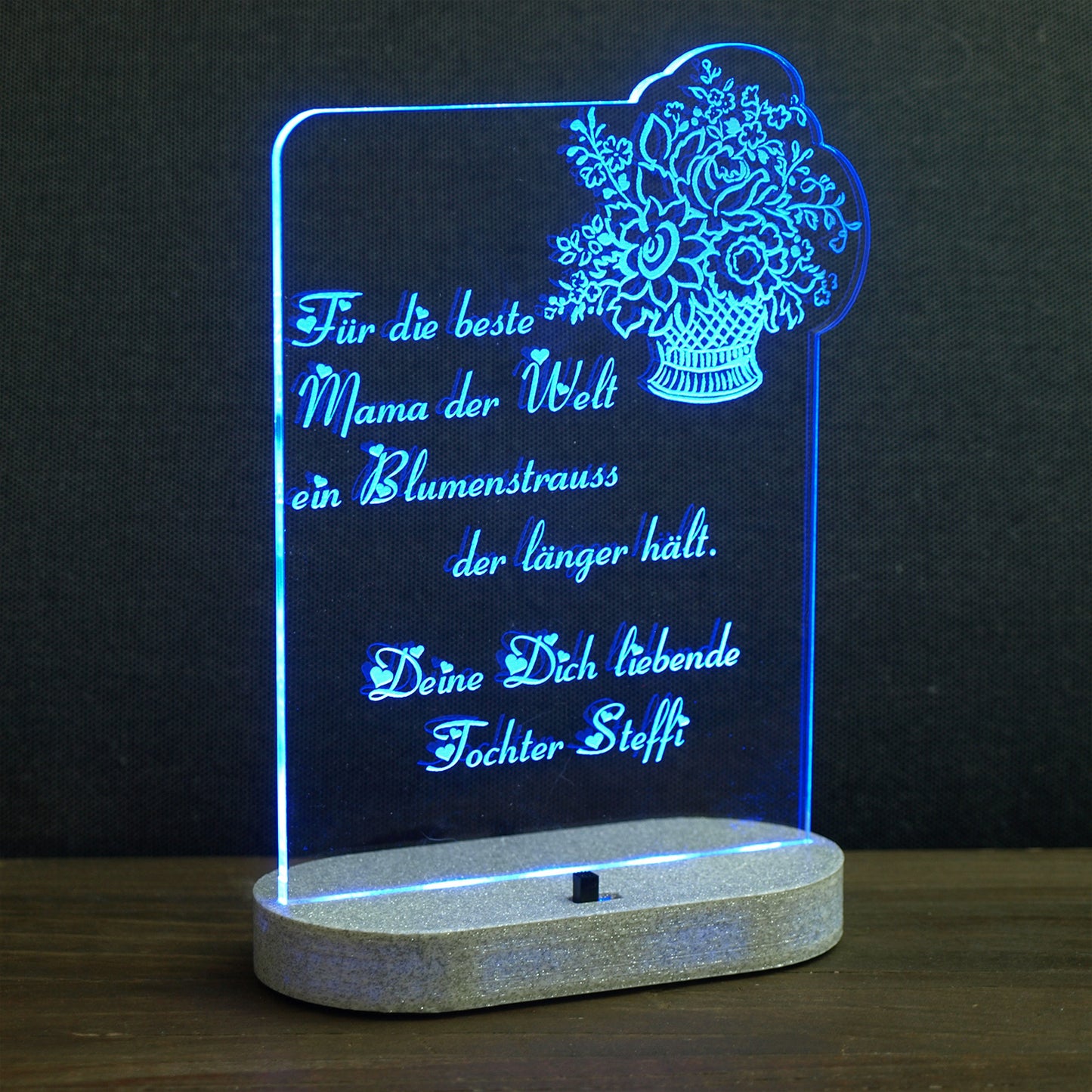 436 Acryl LED Beleuchtung Blumenstrauß Namensgravur Blau