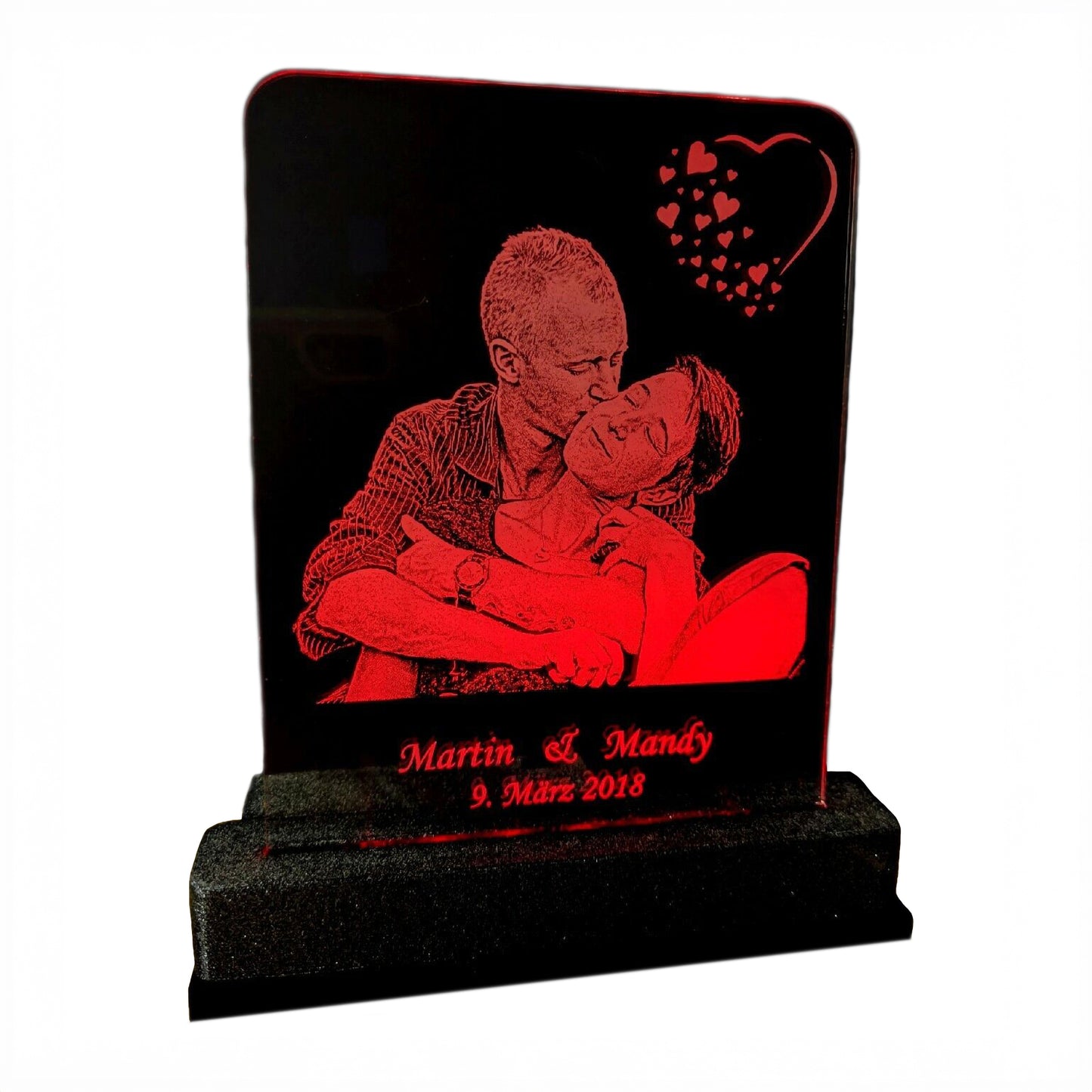 Acrylglas mit Text-/Fotogravur und RGB Farbwechsel LED-Beleuchtung