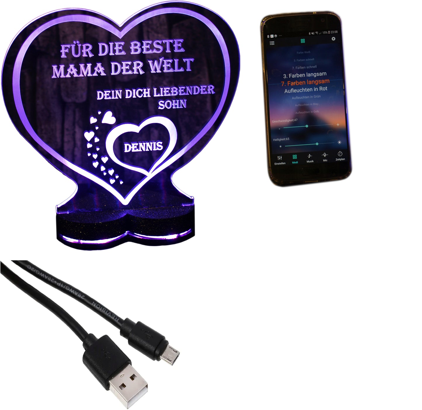 Aufsteller Herzsockel Gravur LED-Beleuchtung „Ich liebe dich“ | 125 × 135 mm | 150 × 157 mm