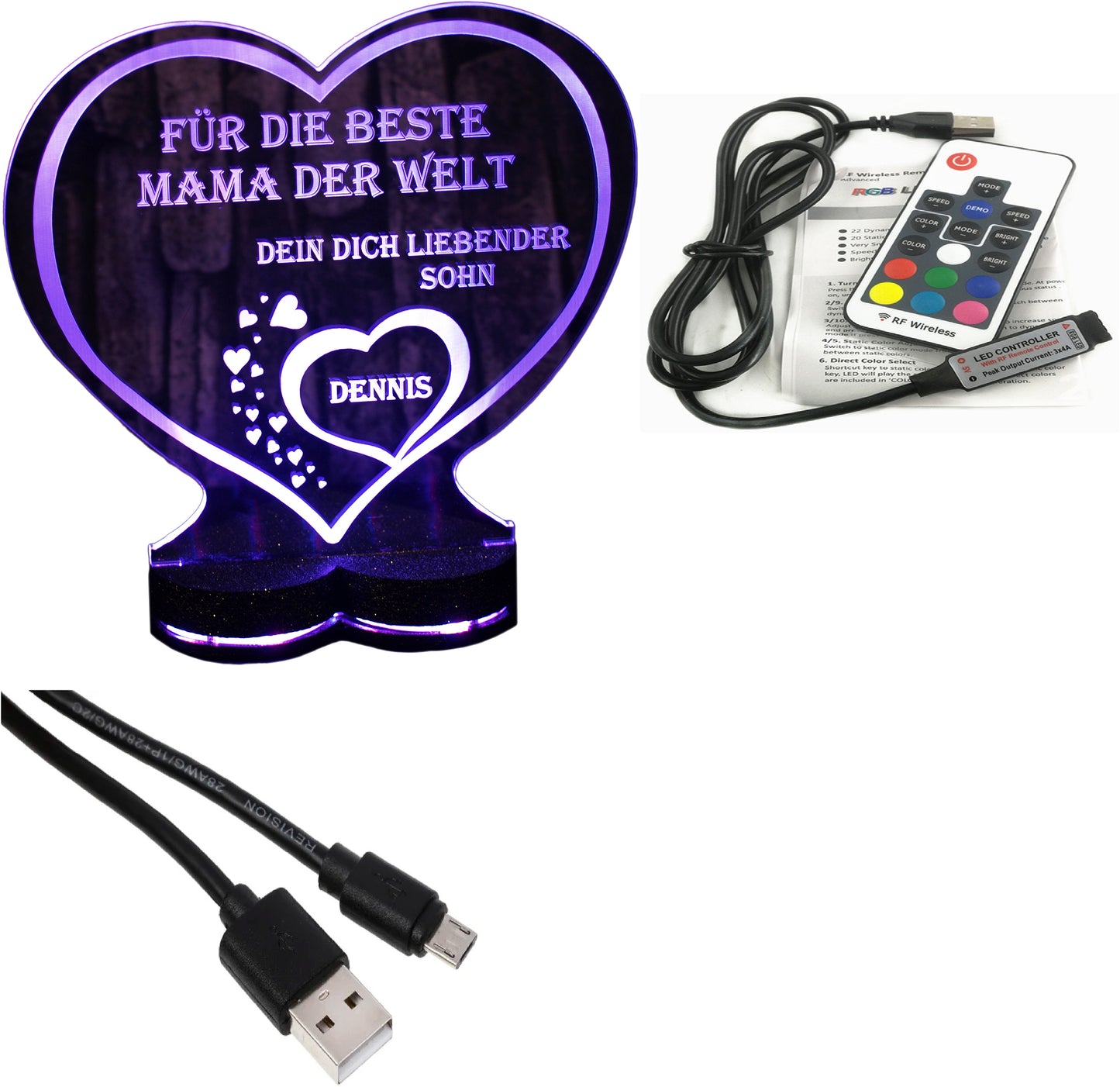 Aufsteller Herzsockel Gravur LED-Beleuchtung „Ich liebe dich“ | 125 × 135 mm | 150 × 157 mm
