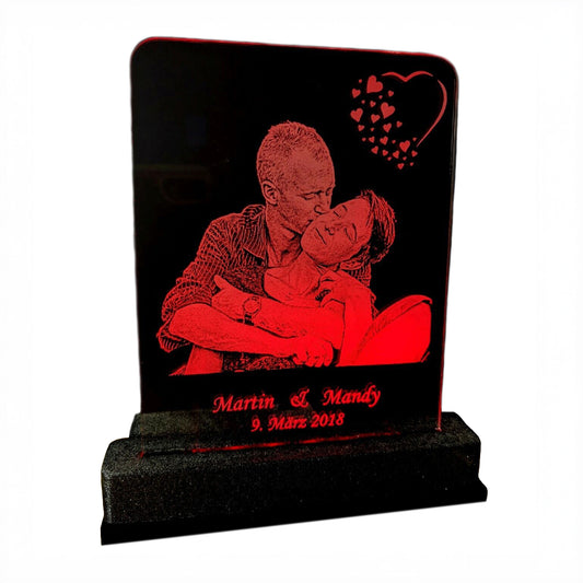 Acrylglas mit Text-/Fotogravur und RGB Farbwechsel LED-Beleuchtung